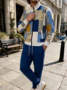 Setelan Jaket dan Celana Panjang Pria Musim Gugur/Dingin untuk Pakaian Sehari-hari Musim Gugur/Dingin, Motif Geometris Blok Warna Patchwork - MultiWarna - View 5