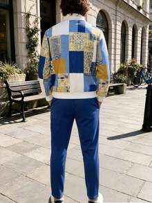 Setelan Jaket dan Celana Panjang Pria Musim Gugur/Dingin untuk Pakaian Sehari-hari Musim Gugur/Dingin, Motif Geometris Blok Warna Patchwork - MultiWarna - View 2