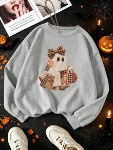 Plus-Size Halloween Hoodie For Women, Perfect For Everyday Wear, Holidays, And Parties. Features A Ghost Graphic Print Winter Casual Blouses For Women - Grey - View 6