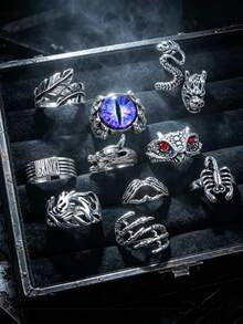 10 Pcs Vintage Gothic Punk Rings For Men Women, Adjustable Open Silver‑Tone Ring Set, Demon Eye Snake Dragon Scorpion Rings, Halloween Party Jewelry - Vintage Punk Ring - View 7