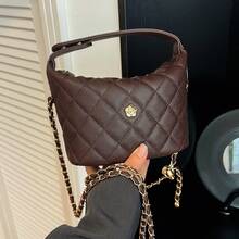 1pc Classic Diamond Quilted Mini Bucket Purse, Camellia Metal Embellishment, Adjustable Leather Woven Chain Strap Women Shoulder Crossbody Bag - Multicolor - View 2