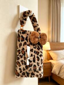 1pc Fashionable Leopard Print Hanging Tissue Bag, Plush Fabric With Pom Pom Decoration, Easy Hanging Installation For Convenient Access, Car Tissue Box, Women's Car Accessory, Home Decor Accessory, Car Seat Decoration, Dual Use For Home And Car - Multicolor - View 5