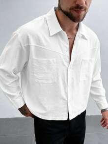 GloMan Old Money Style Men's White Semi-Sheer Double Chest Pocket Button Loose Long Sleeve Shirt, Suitable For Autumn Office Commute, Family Gathering, Business Occasions, Gift For Husband - White - View 1