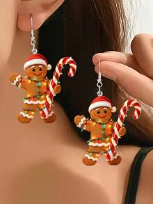 2D Flat Gingerbread Man Holding Candy Cane Acrylic Pendant Earrings With Floral Pattern, Perfect Gift For Pet Lovers, Suitable For Women, Parties And Christmas, All-Season Fashion Accessory, Gift - Multicolor - View 7