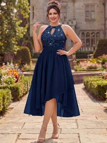 Plus Size Halter Neck Sequin Floral Lace Ruched Chiffon Dress, A-Line Skirt, Back To School Dress, Elegant Semi-Formal Dress - Navy Blue - View 4