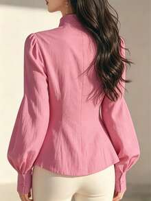 Solstice Apparel Blus Wanita Gaya Cina Kerah Tegak Kancing Katak Lengan Lentera yang Mengencangkan Pinggang Gaya Vintage untuk Komuter - Watermelon Pink - View 4