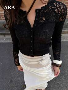 YIU LUMOS Women's Black Lace Button Front Crop Cardigan, V Neck Long Sleeve Eyelet, Feminine Romantic French Top For Fall Winter - Black - View 8