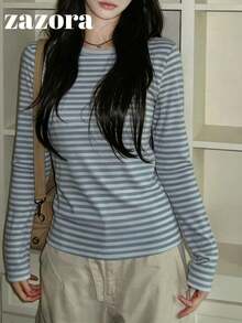 Kaos Lengan Panjang Bergaris Colorblock Serbaguna untuk Wanita, Atasan Pas Badan yang Melangsingkan untuk Musim Gugur - Biru - View 3