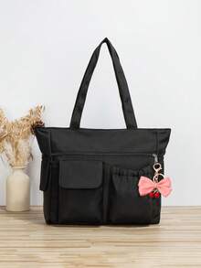 Women's Fashion Versatile Solid Color Nylon Tote Bag, Large Capacity Multi-Pocket Handbag, Suitable For School, Commuting And Daily Use - Black - View 5