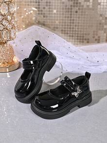 Girls' Shiny Mary Jane Shoes With Metal Butterfly Decor, Double Buckle, Non-Slip, Beige Princess Shoes - Black - View 1