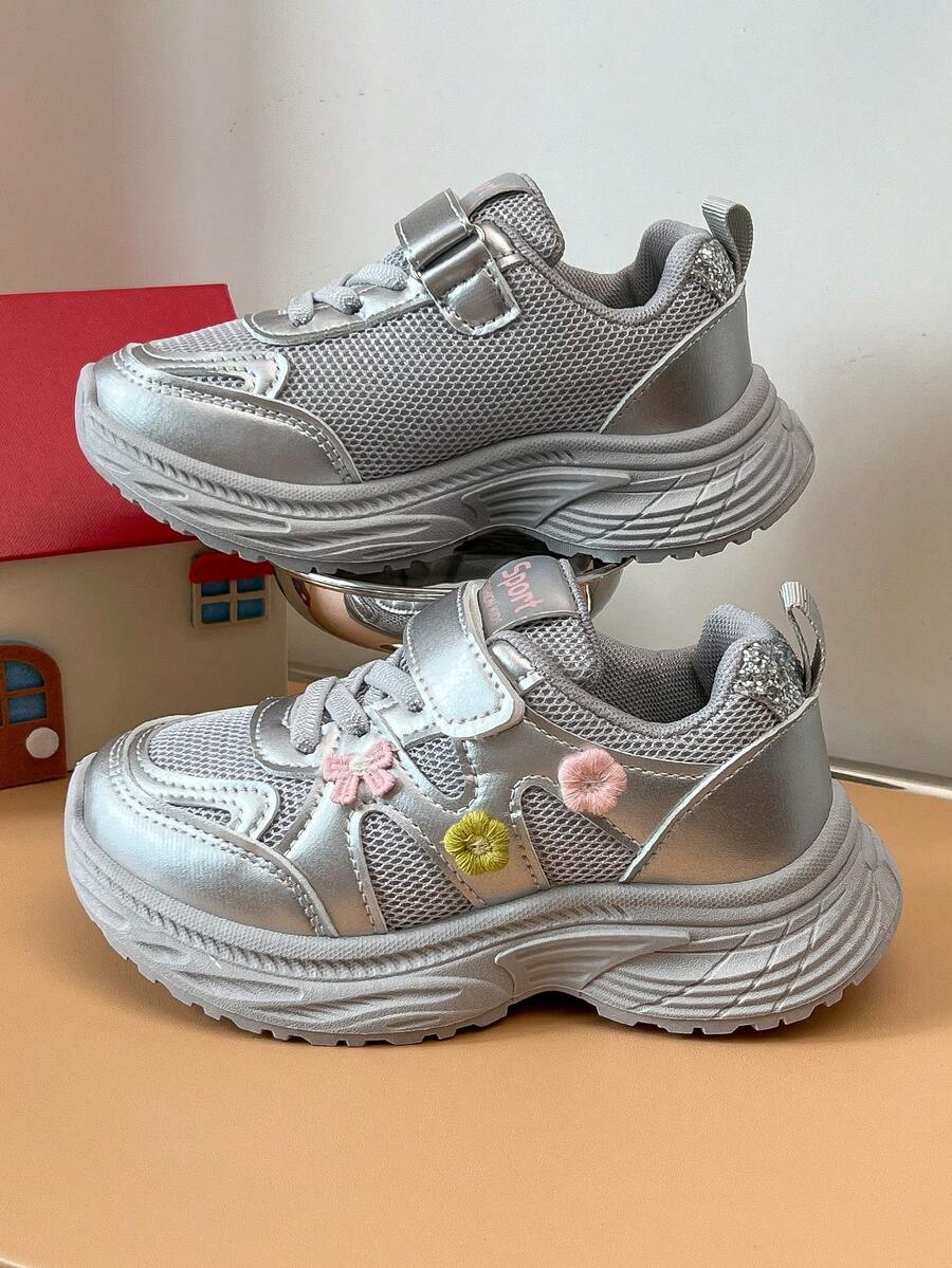 Children's Mesh Chunky Sneakers With Colorful Floral Accents, Hook & Loop Closure, Easy On/Off, Campus Daily Wear Sneakers - Grey - View 1
