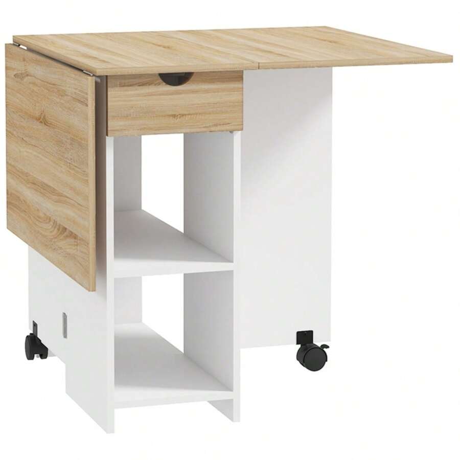 Folding Dining Table, Drop Leaf Table Small Spaces, Foldable Table With Drawer And Storage Shelves Kitchen, Dining Room, Oak On-Site - 1 - View 1