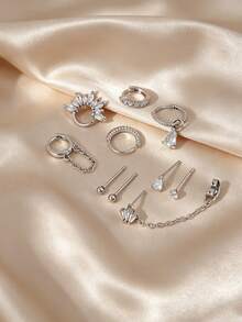 Gold Plated Multiple Piercing Earring Set, Teardrop Marquise Baguette CZ Huggie Hoop Chain Dangle Cartilage Stud Ear Cuff For Women - Silver - View 3