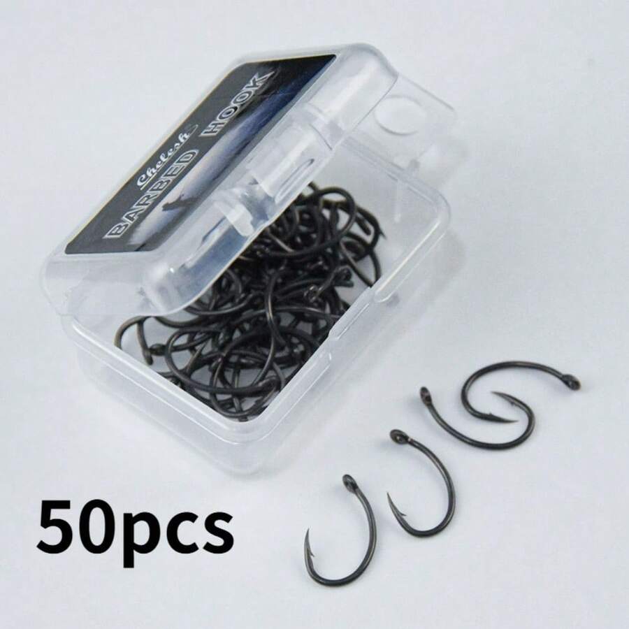 Chelesh 50pcs Kail Pancing Besar Baja Karbon, Kail Melengkung Berduri, Tajam dan Tahan Korosi, Cocok untuk Memancing Ikan Mas, Air Asin, Air Tawar - Hitam - View 1