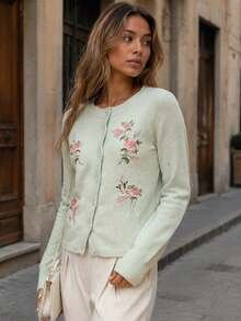 YuwenierPOP Vintage Romantic Green Cardigans Knitted Rose Embroidered Crew Neck Button Front Long Sleeve Sweater Autumn Christmas Outfit Women - Green - View 2