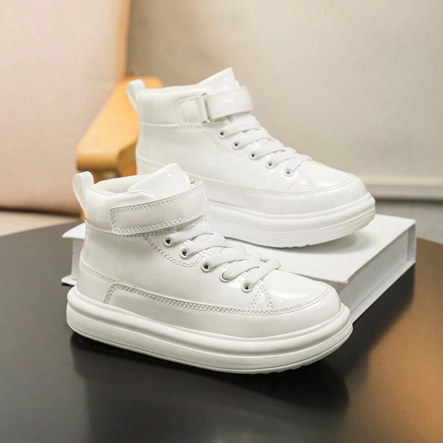 1 Pasang Sepatu Sneakers Kasual Tinggi Unisex untuk Anak Laki-laki & Perempuan, Bagian Atas PU Berkilau dengan Penutup Velcro, Cocok untuk Musim Semi & Gugur - Putih - View 1