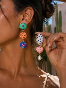 1 Pair Asymmetrical Colorful Long Geometric Resin Earrings With Exquisite Design, Pearl And Colorful Rhinestone Floral Dangle Earrings, Women's Ear Jewelry Suitable For Daily Wear, Party And Music Festival - Multicolor - View 1