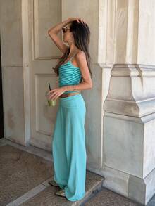 Women 2 Pieces Set Striped Cropped Camisole + Folded Waist Wide Leg Pants Casual Y2K Hot Girl Outfit - Mint Green - View 6