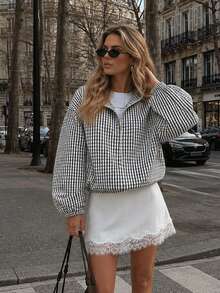 HH Plaid Pilot Jacket Women's Spring/Autumn 2026 Short Loose Long Sleeve Top Casual Zipper Jacket Outdoor Coat White - White - View 2