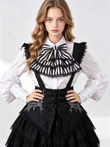 1pc Women Gothic Collar Black White Striped Large Bow Multi‑Layer Ruffled Lace Trim Detachable For Party Cosplay Costume Dress Decoration Accessory - A - View 3