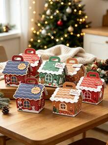 24Pcs Christmas House‑Shaped Gift Boxes, Xmas Candy Cookie Treat Boxes With Handle & Hang Tag, Winter Holiday Paper Goodie Containers For Party Favor Decoration - View 3