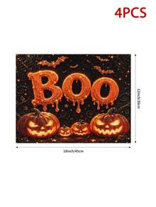 Halloween Table Runner, Throw Pillow, Placemat, Black Background Halloween Glowing Dripping BOO Lettering Bat Spider Web Pumpkin Lantern Long Table Runner, Vintage Holiday Party Decor Fabric Table Mat - Multicolor - View 13