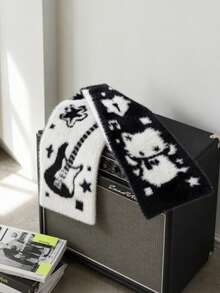 1pc Autumn Style Scarf Shawl, Winter Warm Skin-Friendly Neck Warmer, Black And White Plush, Suitable For Daily Wear - Multicolor - View 6