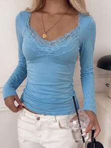 SCARLUX Autumn Y2K Women's Basic Lace Patchwork V-Neck Long Sleeve Top, Slim Fit T-Shirt, Suitable For Back To School Season Casual Daily Wear - Blue - View 6