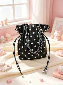 Cute Polka Dot Chain Drawstring Bucket Bag, Chain Strap Crossbody Bag, Y2K Style Mini Shoulder Bag, Suitable For Daily Casual Use, - Multicolor - View 11