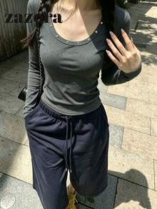 鉚釘圓領秋季針織毛衣，鉚釘裝飾百搭修身顯瘦女款上衣 - 灰色 - 查看 6