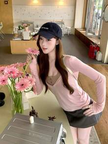 韓式純甜風 2 合 1 長袖女款上衣 T-shirt - 粉色 - 查看 9