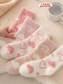 2/4 Pairs White And Pink Fuzzy Women's Mid-Calf Socks, Heart Pattern Warm Socks, Soft And Comfortable, Random Color - Multicolor - View 10