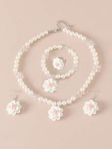 5pcs/Set Children's Sweet Floral Pendant Faux Pearl Necklace, Bracelet, Earrings, Ring Combination Set, Suitable For Daily Wear, Holiday Gifts - one-size - View 2