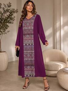 Plus Size Woven Fabric Loose Fit Casual Home Wear Dress, Autumn - Multicolor - View 3