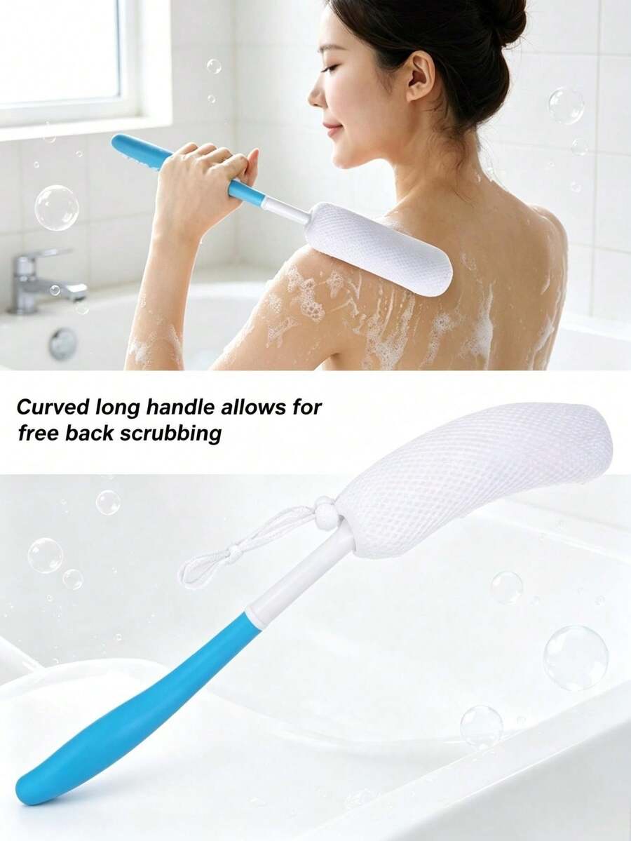 1pc Blue & White Ergonomic Long Curved Handle Bath Brush, Nylon Mesh Exfoliating Body Brush With Hanging Loop, Gentle Foaming Back Scrubber For Bathroom Shower Daily Home Use - Multicolor - View 1