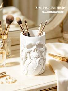 Skull Heart Embossed Makeup Brush Bucket Multifunctional Desktop Cosmetic Box Halloween Christmas Decor Vanity Rack Pen Holder Dual Use Dark Resin Beauty Organizer Gift - Multicolor - View 6