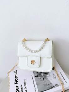 1pc Girls Solid Color PU Magnetic Closure Fashion Pearl Handbag Small Square Bag Chain Crossbody Bag Suitable For All Seasons Daily Use - A - View 15