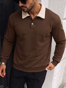 Men's Plush Turn-Down Collar Sweatshirt, Autumn/Winter Colorblock Polo Collar Button Casual Versatile Long Sleeve Top - Coffee Brown - View 2