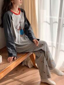 2pcs/Set Women's Pajamas Loungewear Set, Pullover Round Neck Cute Puppy Print Simple Long Sleeve 9/10 Pants, Easy Care Fabric - Multicolor - View 10