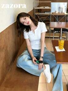 White Thin Low Neck Short Sleeve T-Shirt Women Korean Style Slim Fit Cropped Top - White - View 4