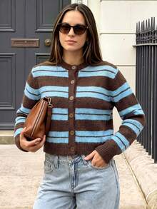 Women's Casual Striped Contrast Color Cardigan Sweater, Suitable For Leisure, Vacation, Daily Dates, Autumn/Winter - Multicolor - View 10
