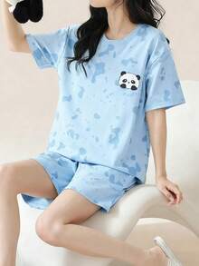 AICJ 女款休閒簡約春夏 T 恤短褲套裝，熊貓印花舒適睡衣居家服 2 件套 - 淺藍色 - 查看 5