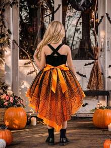 Young Girls Sleeveless Lace Spider Web Satin Elegant Long Train Halloween Party Princess Dress Suitable For Ball, Basket Not Included - Multicolor - View 2