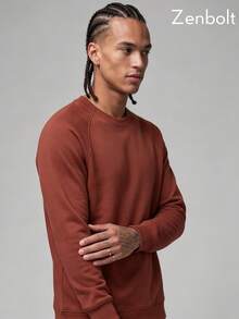 Zenbolt Men's Basic Crew Neck Sweatshirt, Raglan Sleeve Comfortable Skin-Friendly Pullover, Casual Long Sleeve Men's Top - Coral Orange - View 3
