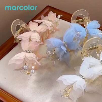 1 pezzo Fermaglio a forma di farfalla, Fermaglio per capelli premium stile Ins, Grande capacità adatto per acconciature con capelli spessi, Fermaglio a forma di farfalla in tessuto etereo, Fermaglio per capelli floreale in garza, Fermaglio per capelli con strass e perle, Fermaglio per acconciature stile delicato, Fissa in modo i capelli sciolti sulla parte posteriore della testa, Accessorio per capelli versatile e di lusso leggero per il pendolarismo e gli appuntamenti delle donne, Accessorio per capelli in tessuto atmosferico, Raccoglie e fissa i capelli per creare acconciature e stili semi-raccolti, Adatto per uscite quotidiane e scenari di appuntamenti, Adatto per donne eleganti, Fermaglio per capelli leggero e arioso per decorare l'outfit atmosferico