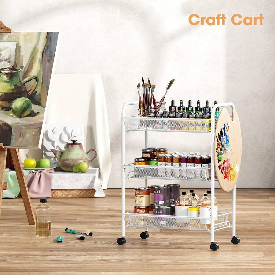 1pc Metal Rolling Storage Cart, Under Desk Storage; Suitable For Organizing Miscellaneous Items; Applicable For Bedroom, Kitchen, Living Room And Bathroom And Other Multiple Scenarios - White - View 1