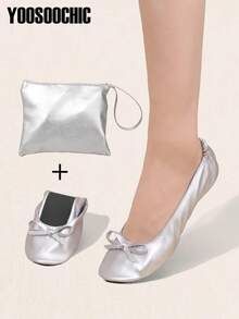1 Pair Silver Lightweight Barefoot Feel Soft Comfortable Foldable Slip-On Indoor Ballet Flat Sandals For Women, Comes With Matching Color Storage Bag - Silver - View 2