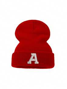 1pc Adult Women Red Bling Pearl Rhinestone Letter Beanie, Stylish Custom A‑Z Initial Cuffed Skull Hat, Elastic Fashionable Solid Color Winter Cap - Red - View 6