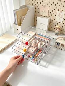 1pc Creative Colorful Contrast Ball Pull Handle Multi-Layer Transparent Stationery Storage Box, Large Capacity Layered Visible Drawer Design, Stationery Storage Essential For Journaling Enthusiasts, Student Desk Organizer Box, Office Small Item Dust-Proof Storage Box - Multicolor - View 2