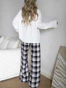 Nina Bonheur 2pcs Women's Lapel Button Pocket Long Sleeve Top + Elastic Waist Long Pants Pajama Loungewear Set - Black and White - View 5